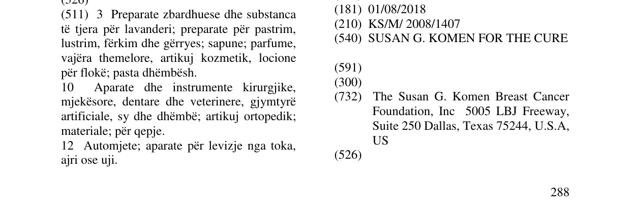 Zëri i markës SUSAN G. KOMEN FOR THE CURE në buletin