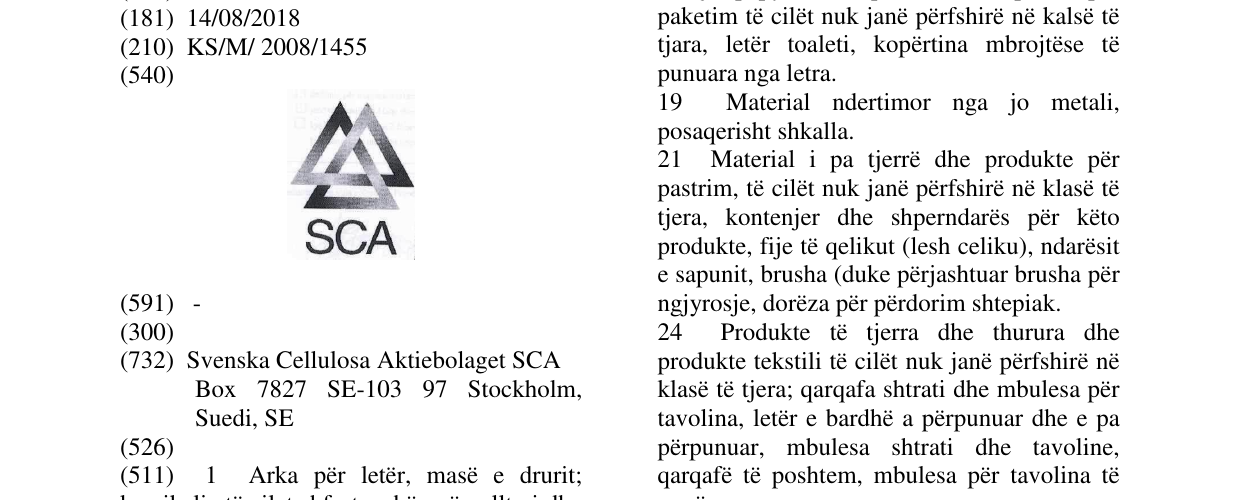 Zëri i markës SCA fig. në buletin