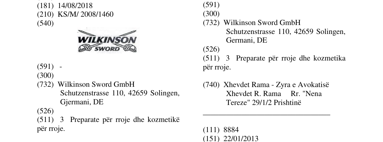 Zëri i markës WILKINSON SWORD fig. në buletin