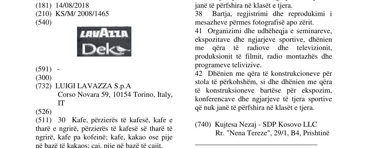 Zëri i markës LAVAZZA DEK fig. në buletin
