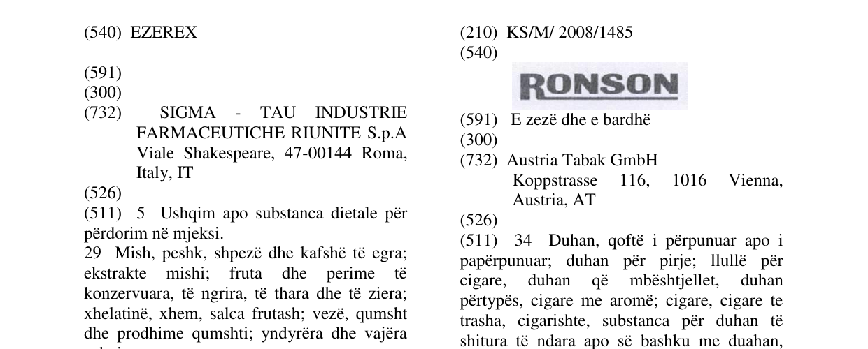 Zëri i markës RONSON-FIG. në buletin