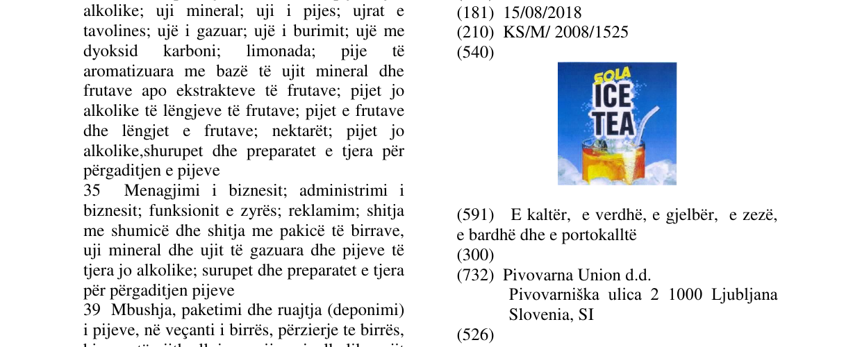 Zëri i markës SOLA ICE TEA fig. në buletin