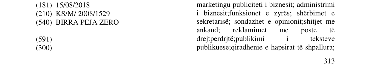 Zëri i markës BIRRA PEJA ZERO në buletin