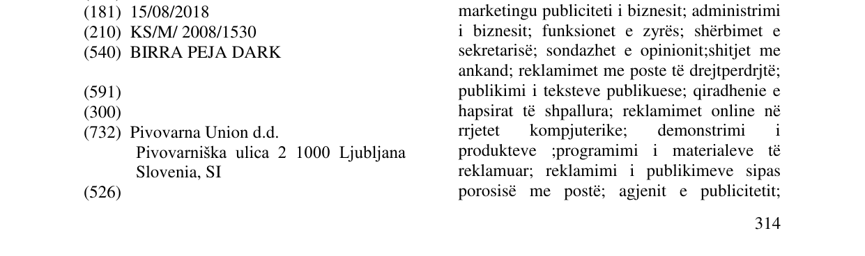 Zëri i markës BIRRA PEJA DARK në buletin