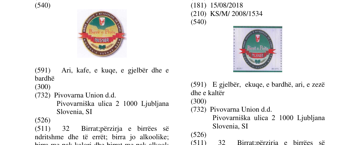Zëri i markës Birrë e Pejës PILSNER fig. në buletin