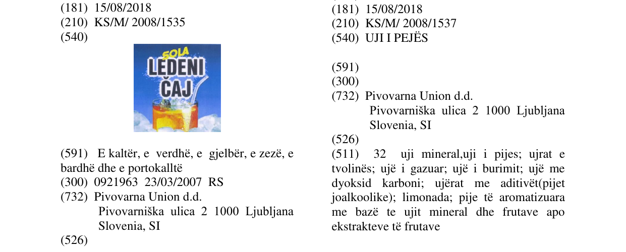 Zëri i markës UJI I PEJËS në buletin