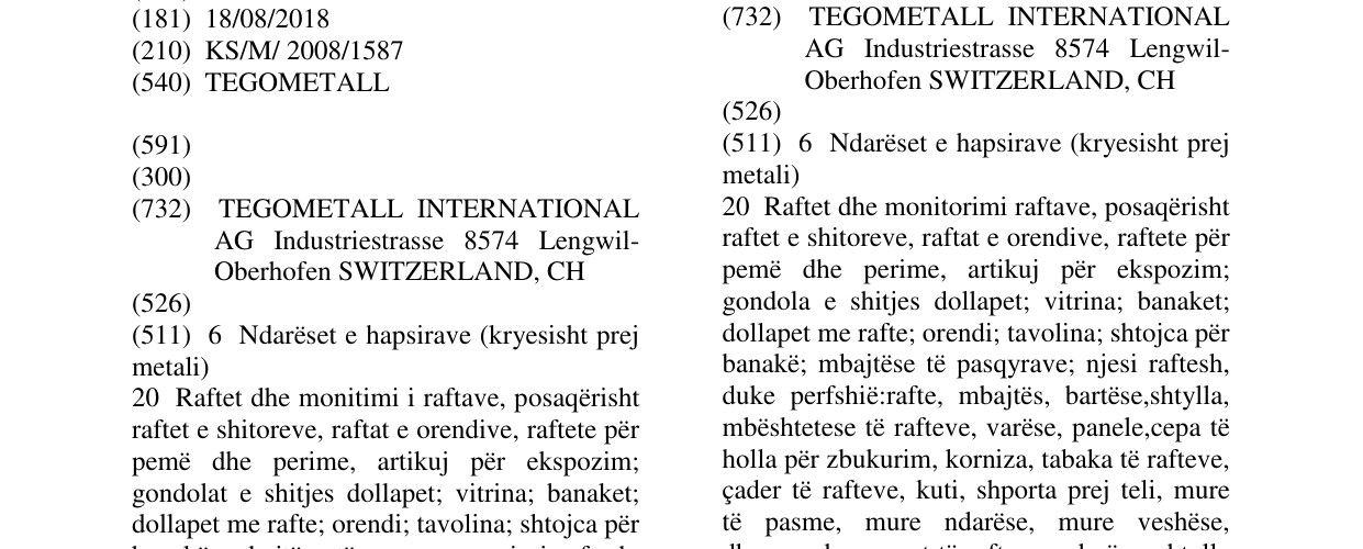 Zëri i markës TEGOMETALL në buletin