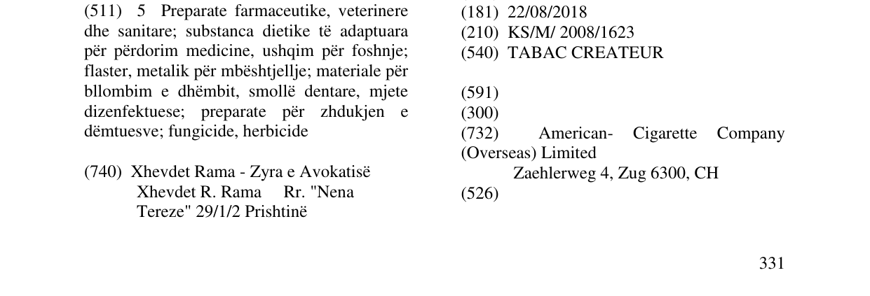 Zëri i markës TABAC CREATEUR në buletin