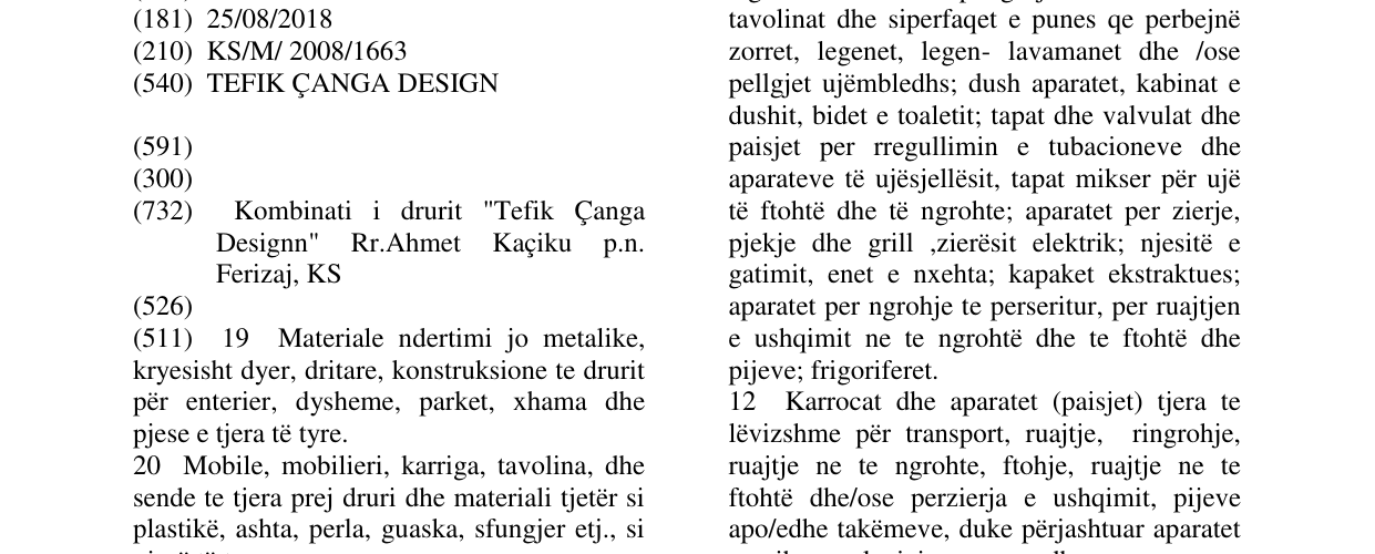 Zëri i markës TEFIK ÇANGA DESIGN në buletin
