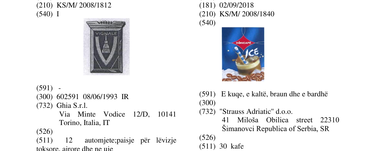 Zëri i markës DONCAFE ICE (DEVICE) në buletin