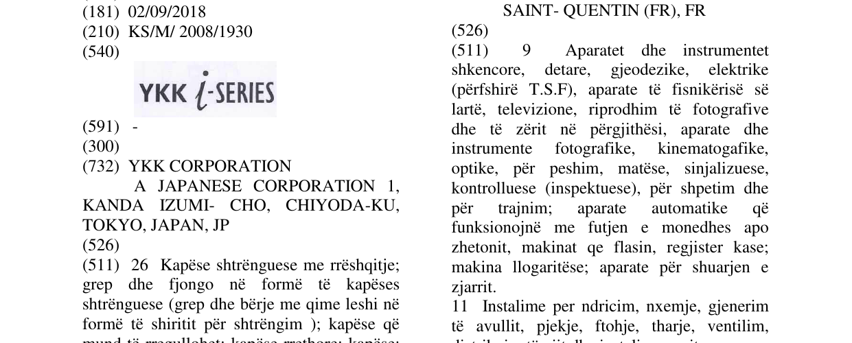 Zëri i markës YKK I-SERIES në buletin