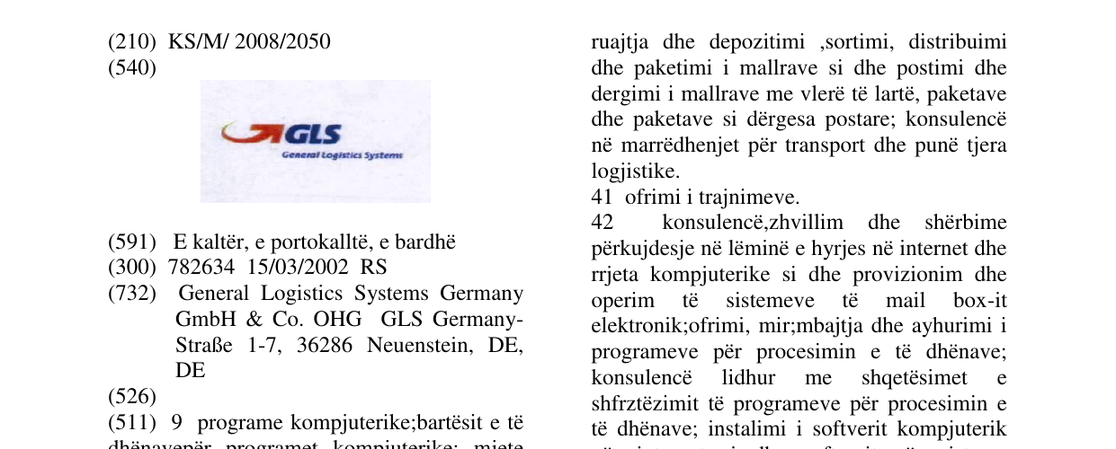 Zëri i markës GLS General Logistics Systems (Device) në buletin