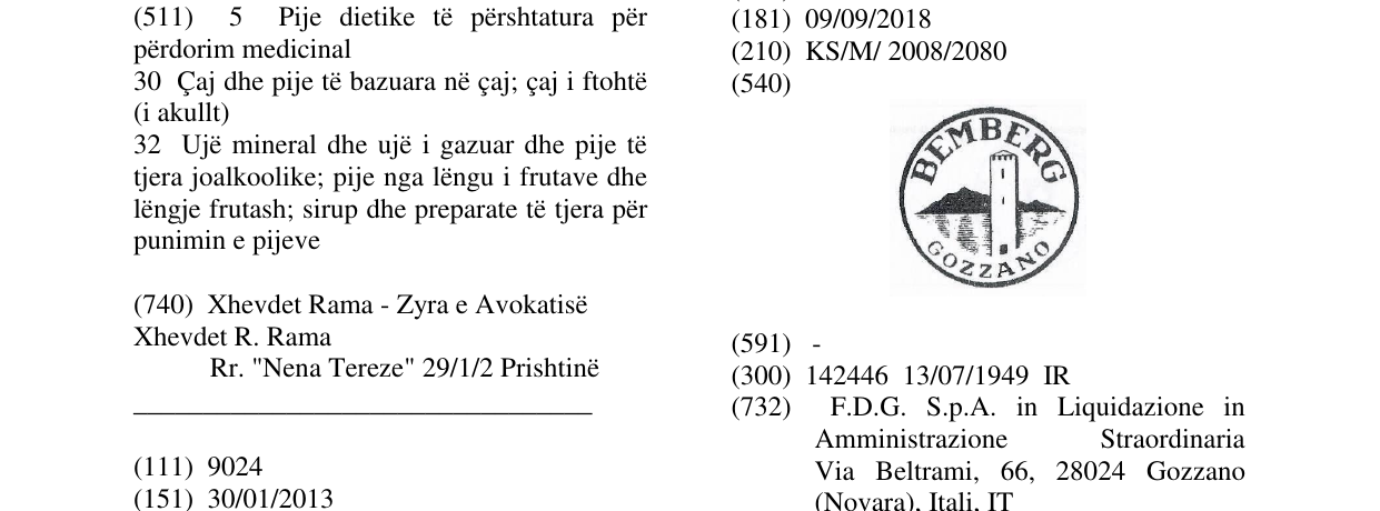 Zëri i markës BEMBERG GOZZANO në buletin