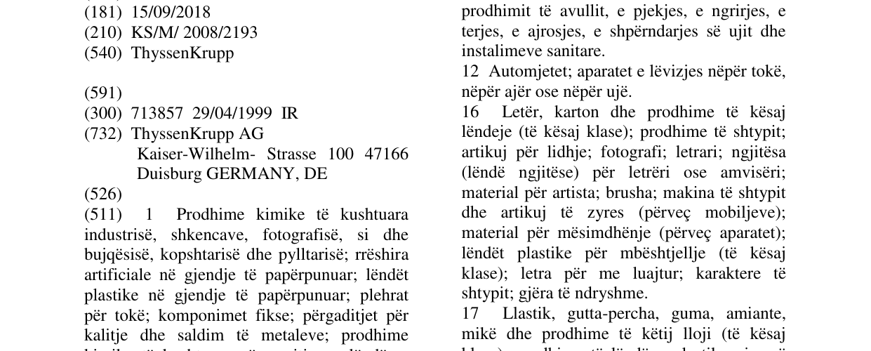 Zëri i markës ThyssenKrupp në buletin