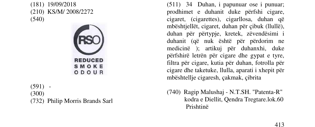 Zëri i markës RSO REDUCED SMOKE ODOUR në buletin