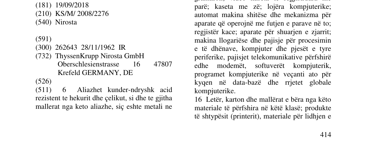 Zëri i markës Nirosta në buletin
