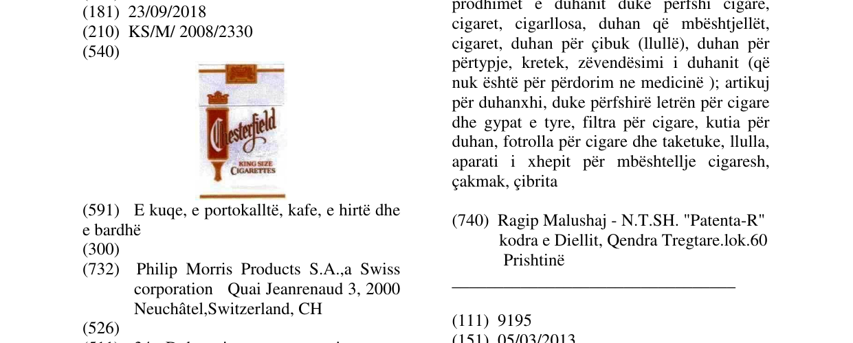 Zëri i markës Chesterfield KING SIZE CIGARETTES në buletin