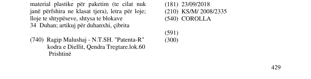COROLLA markasının bültendeki kaydı