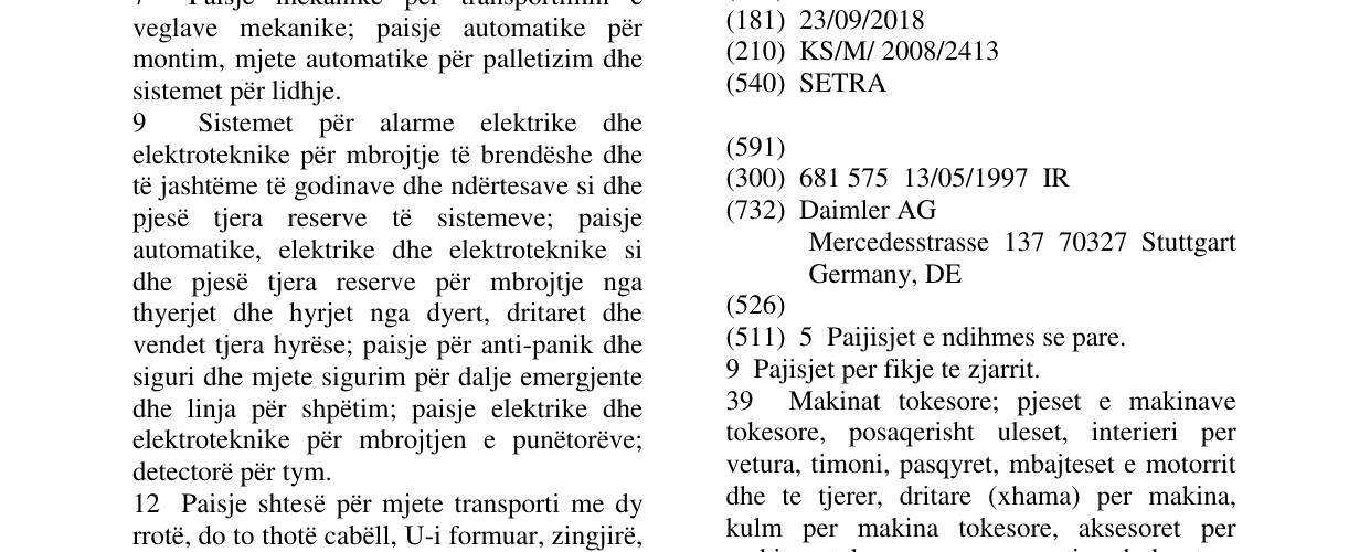 The entry of the trademark SETRA in the bulletin