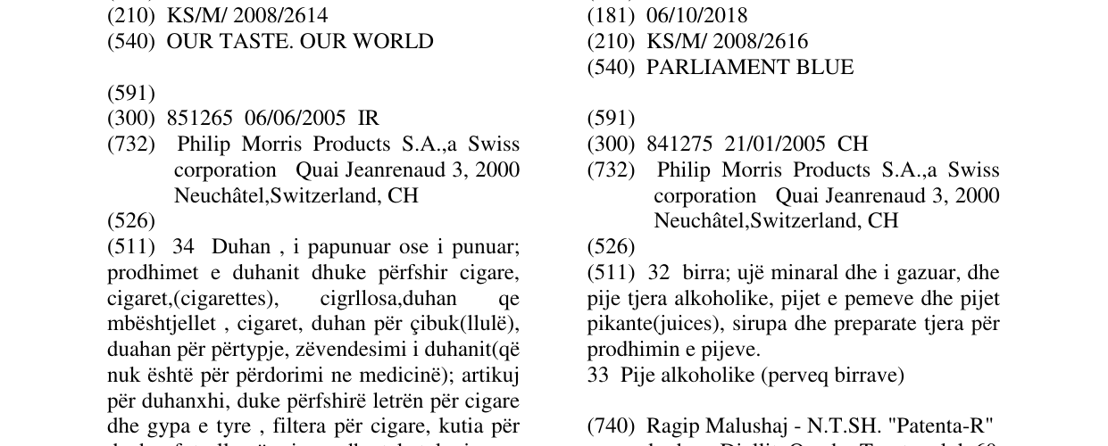 Zëri i markës PARLIAMENT BLUE në buletin
