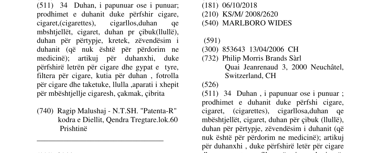 Zëri i markës MARLBORO WIDES në buletin