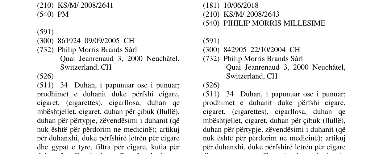 Zëri i markës PIHILIP MORRIS MILLESIME në buletin
