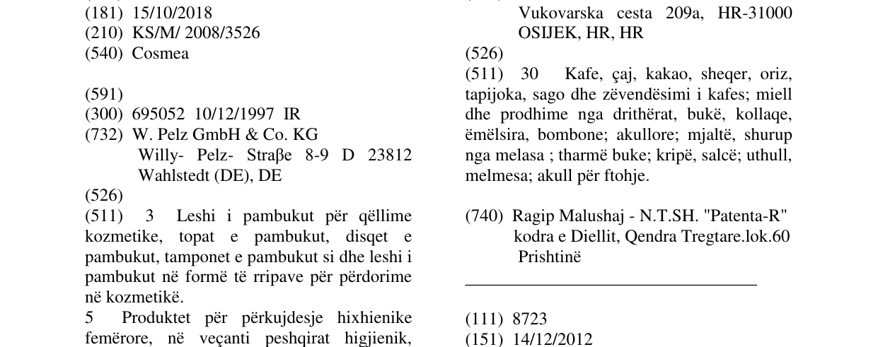 Zëri i markës Cosmea në buletin