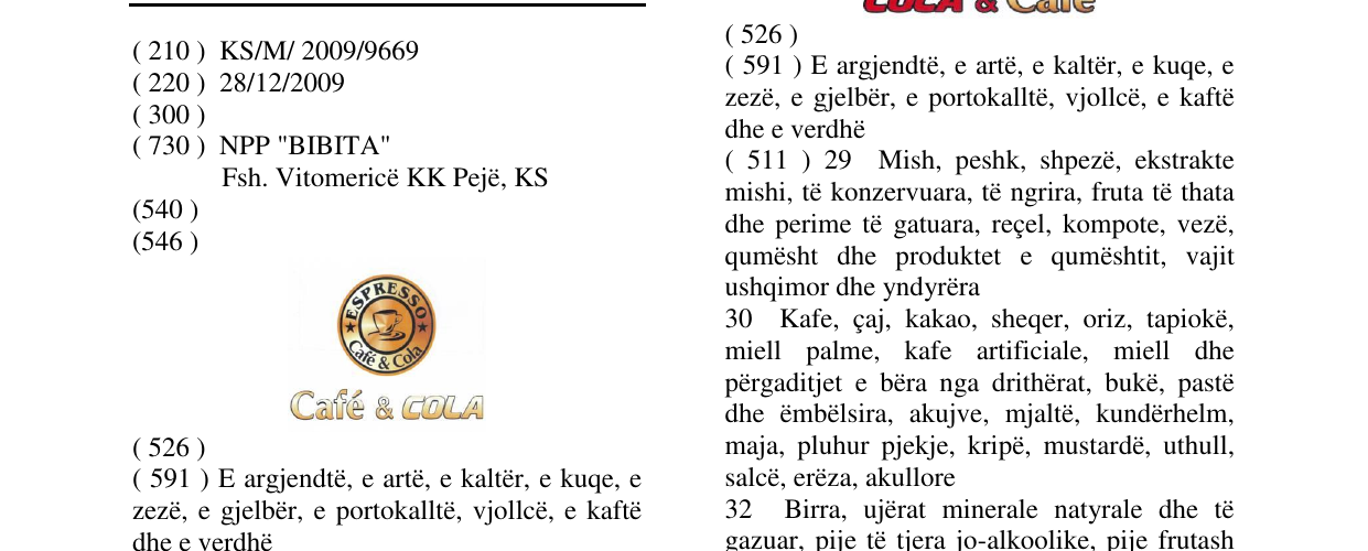 Zëri i markës ESPRESSO Cafe & COLA në buletin