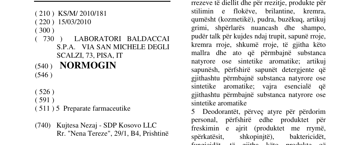 Zëri i markës NORMOGIN në buletin