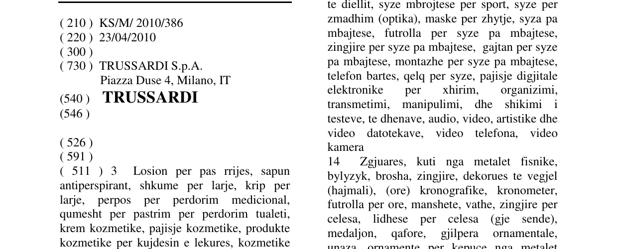 Zëri i markës TRUSSARDI në buletin