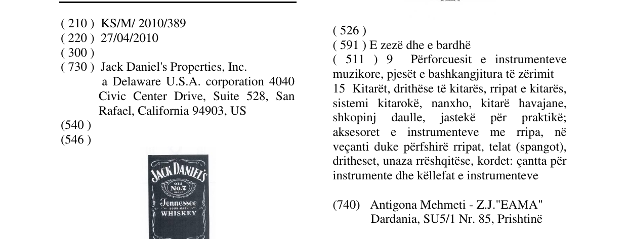 Zëri i markës JACK DANIEL'S në buletin