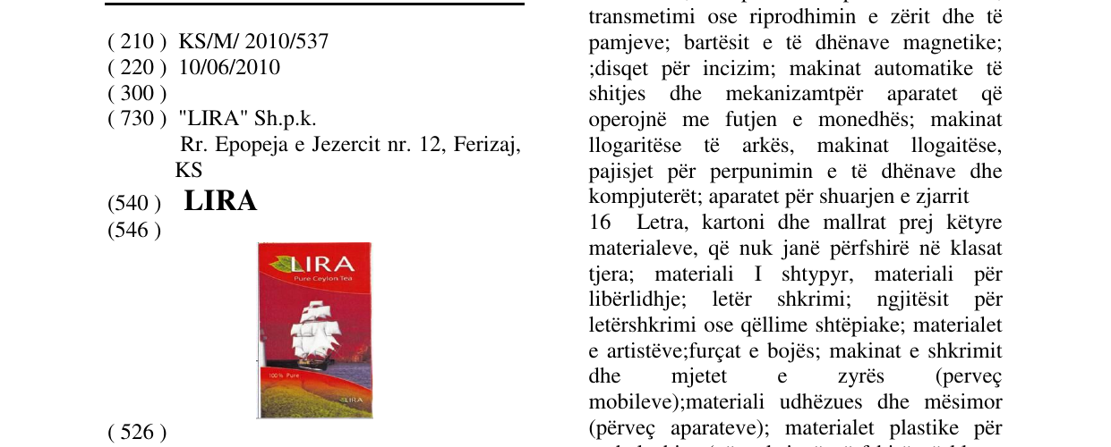 Zëri i markës LIRA në buletin