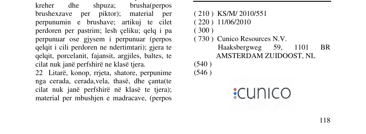 Zëri i markës cunico në buletin