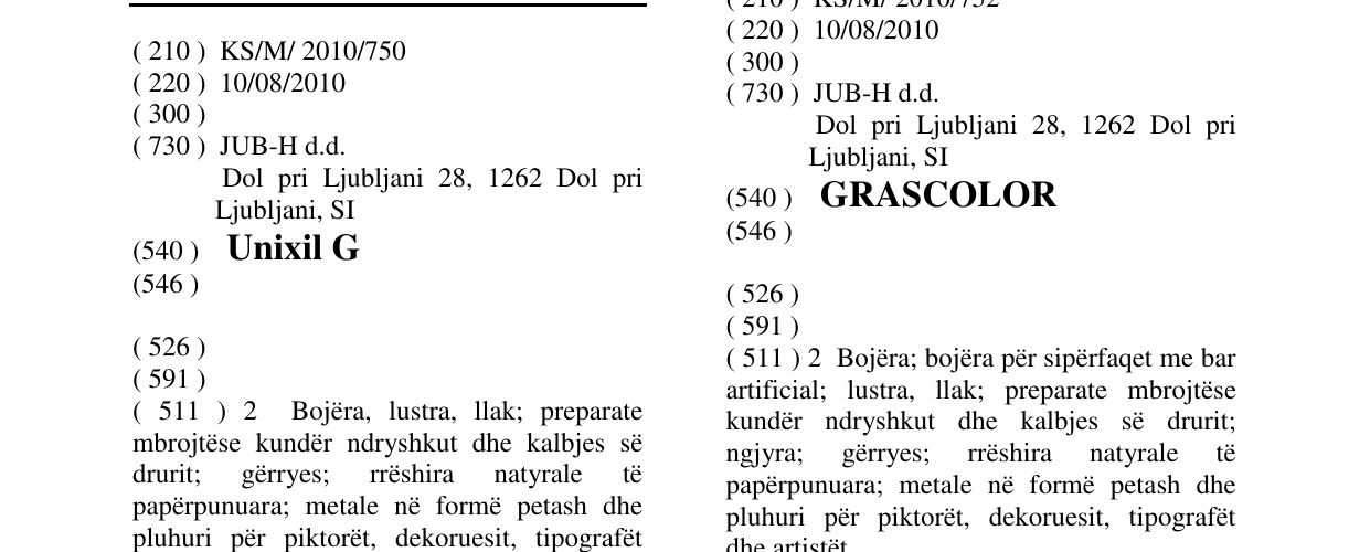 Zëri i markës Unixil G në buletin