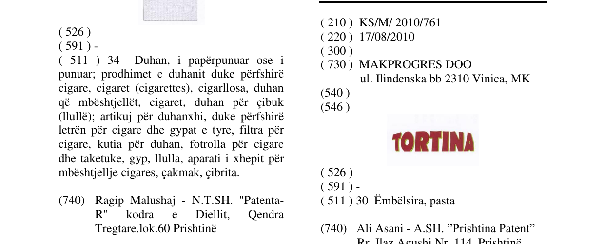 Zëri i markës TORTINA në buletin