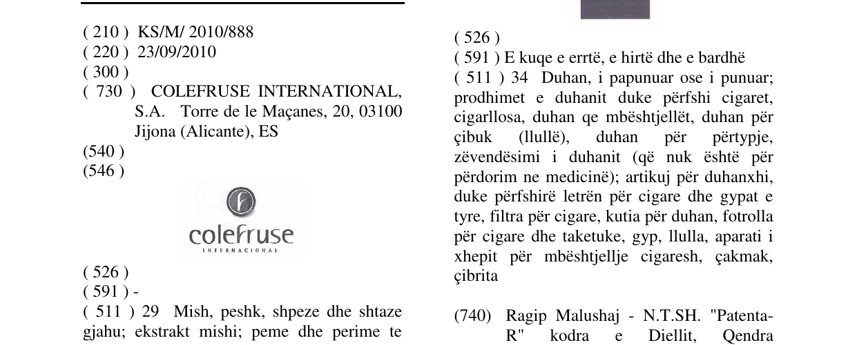 Zëri i markës colefruse INTERNACIONAL në buletin