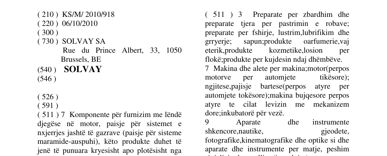 Zëri i markës SOLVAY në buletin