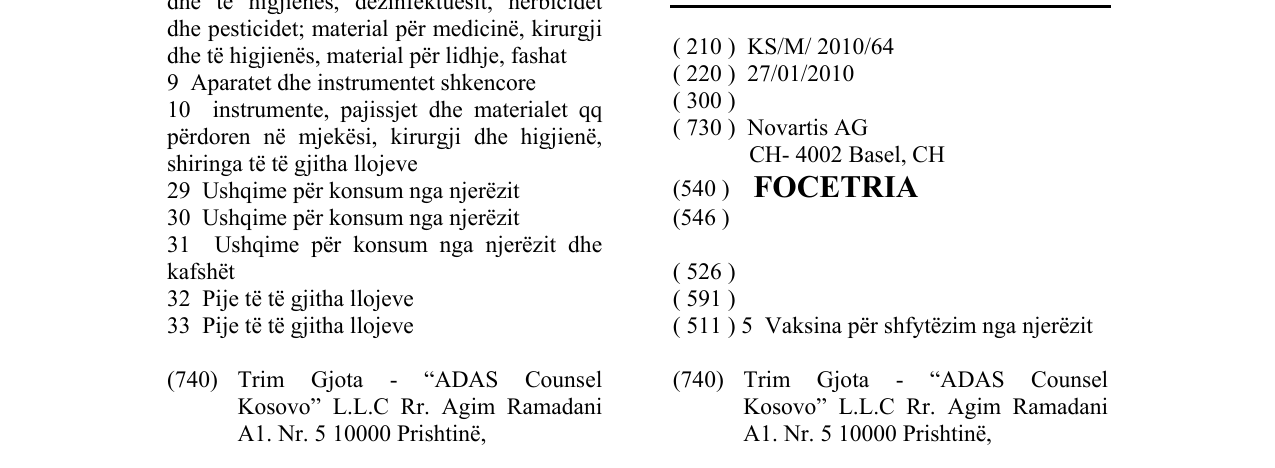 Zëri i markës FOCETRIA në buletin