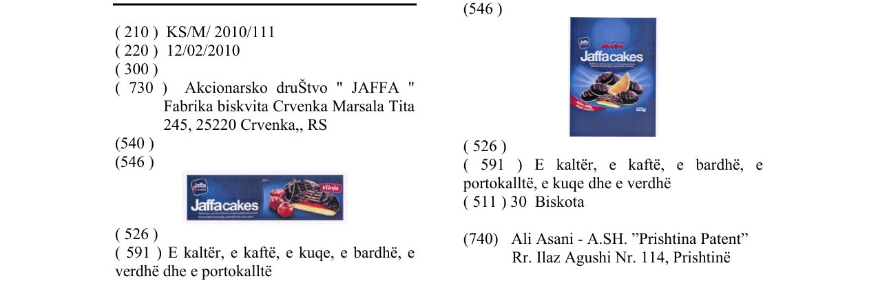 Zëri i markës Jaffacakes në buletin