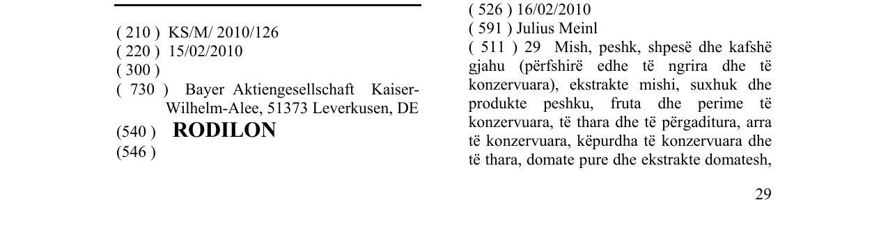 Zëri i markës RODILON në buletin