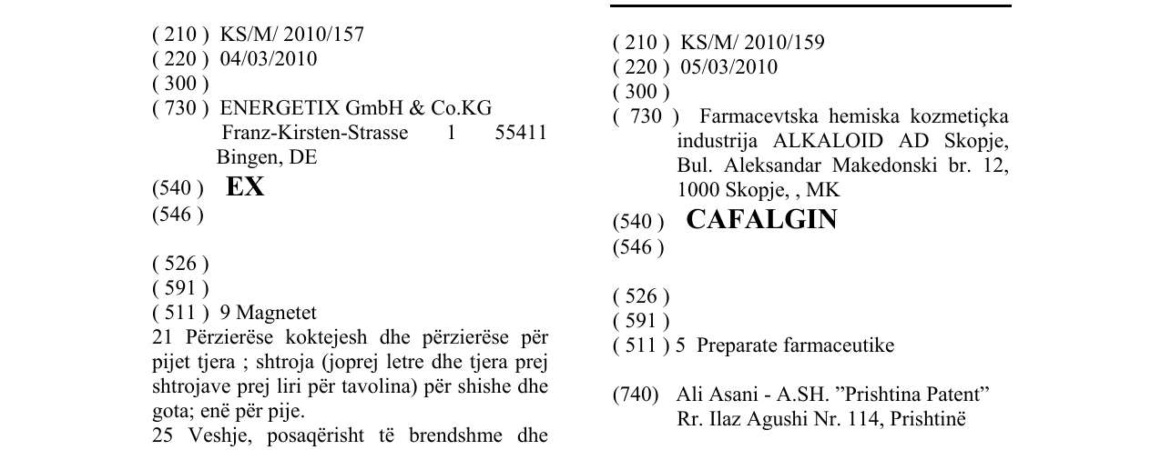 Zëri i markës CAFALGIN në buletin
