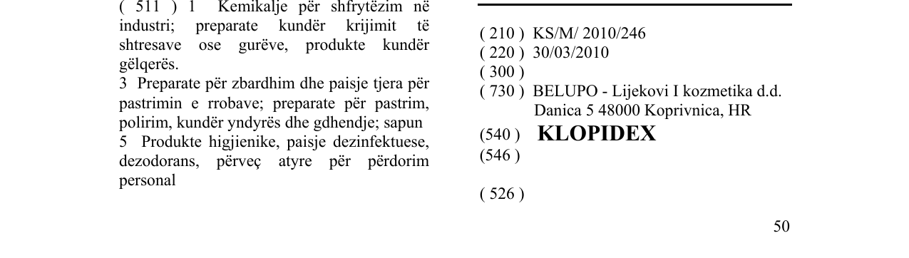 Zëri i markës KLOPIDEX në buletin