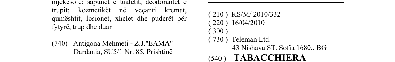 Zëri i markës TABACCHIERA në buletin