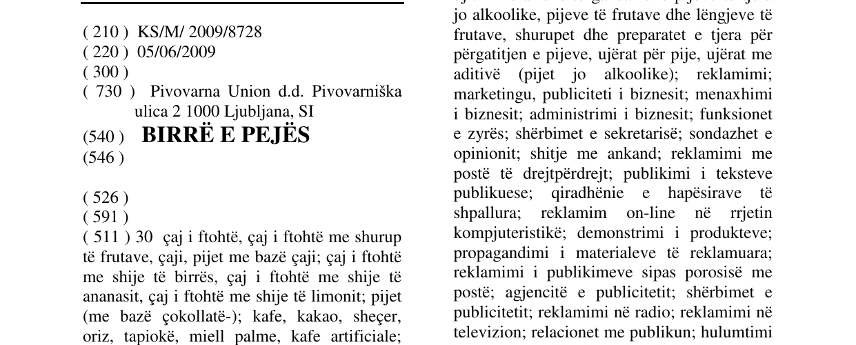 Zëri i markës BIRRË E PEJËS në buletin