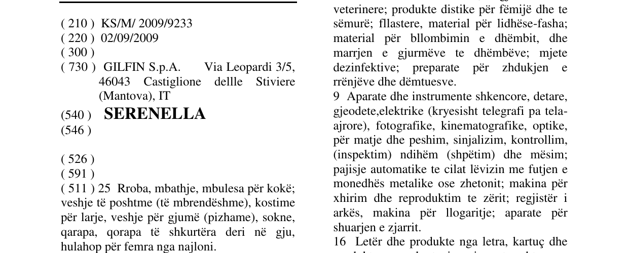 Zëri i markës SERENELLA në buletin