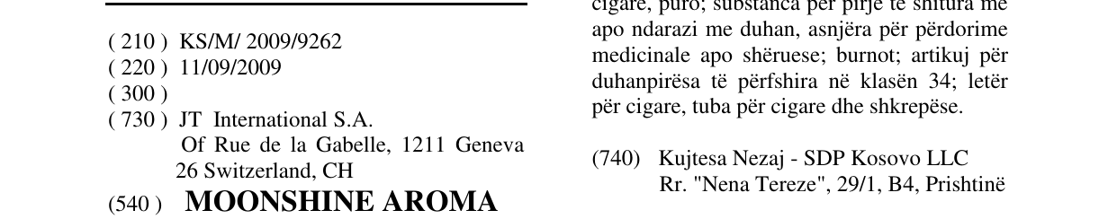 Zëri i markës MOONSHINE AROMA në buletin