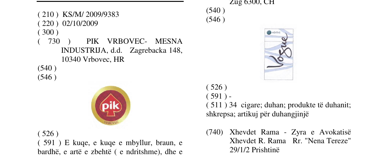 Zëri i markës pik VRBOVEC LOGO në buletin