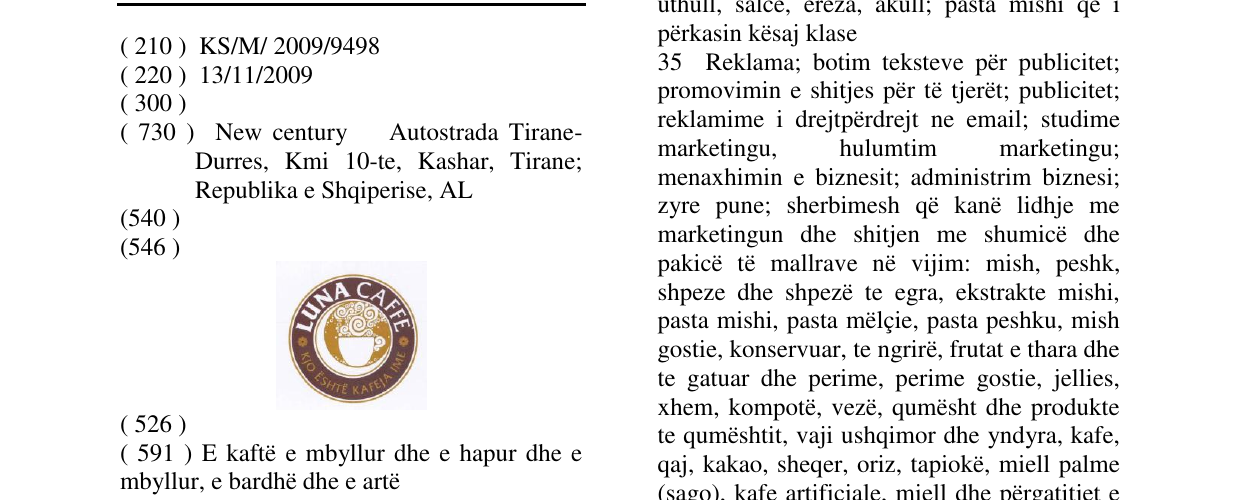 Zëri i markës LUNA CAFFE në buletin