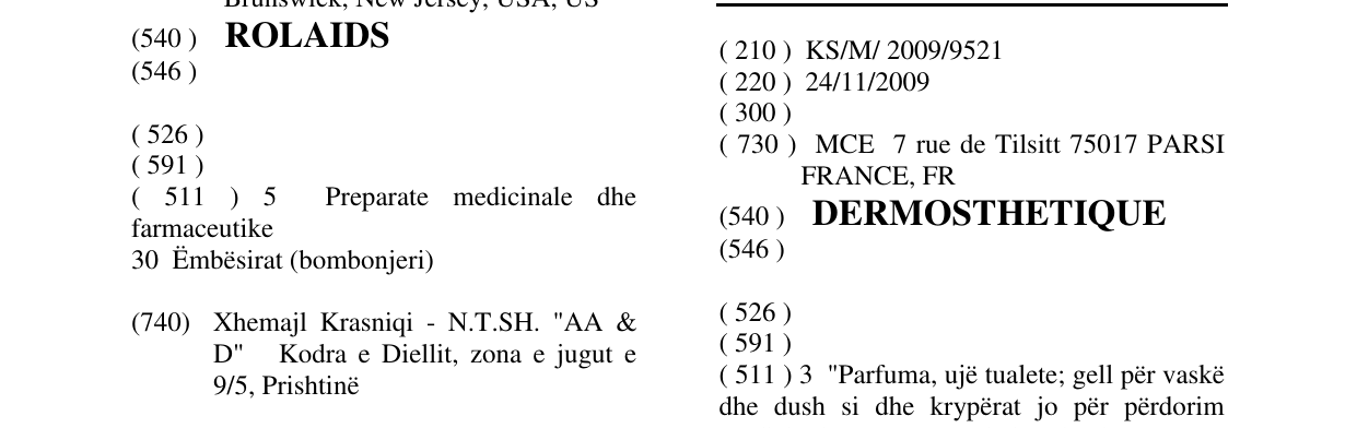 Zëri i markës DERMOSTHETIQUE në buletin