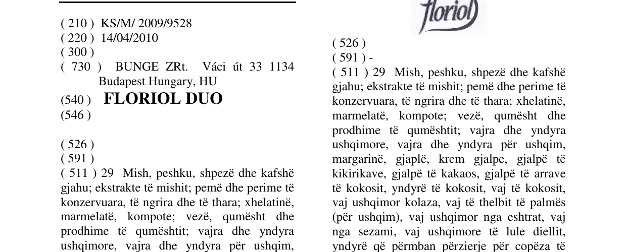 Zëri i markës FLORIOL DUO në buletin